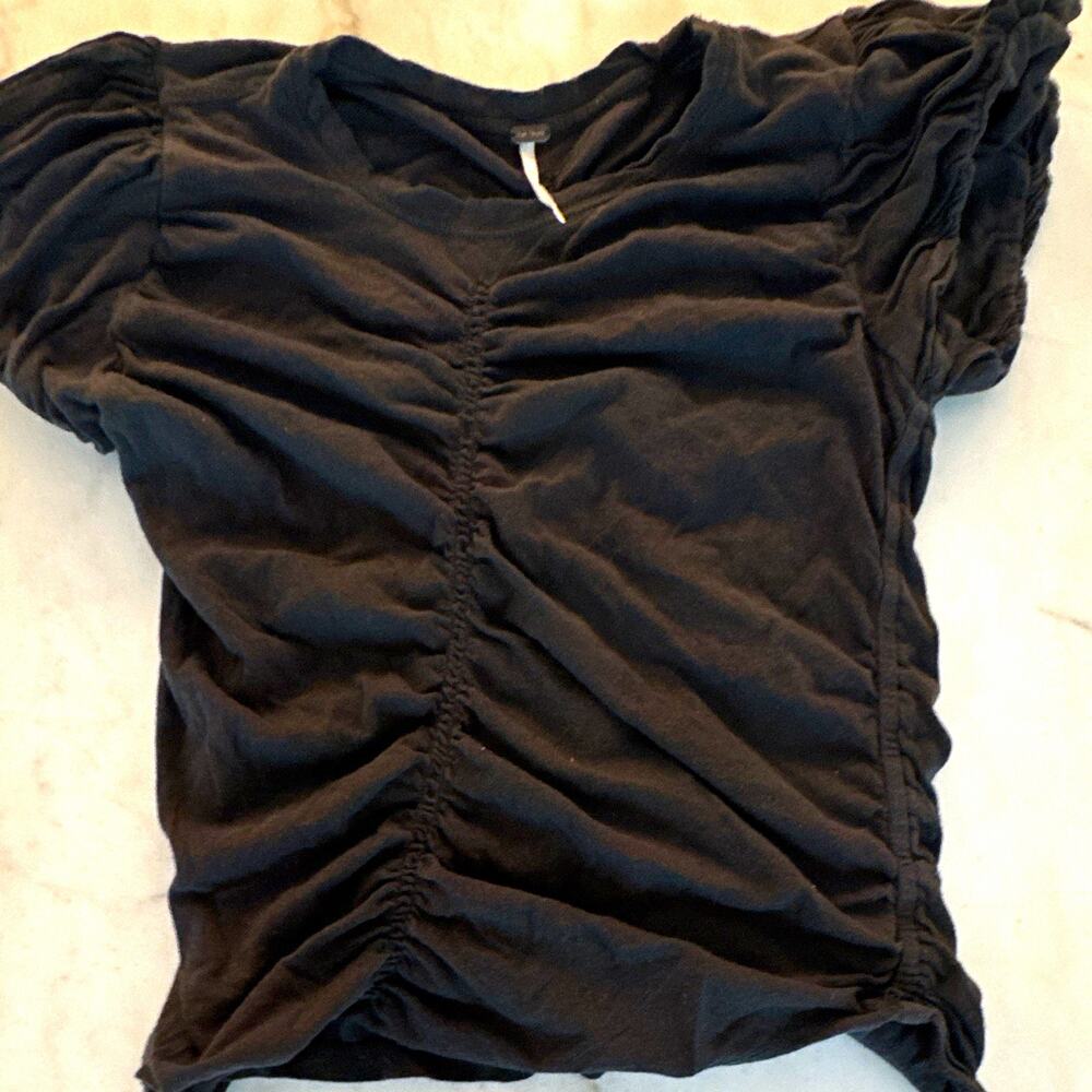 Free People Womens Black Solid Knit Ruched V-Neck Cap Sleeve Cropped Top L 0046